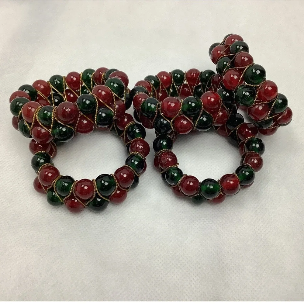 Vintage Red Green Beaded Napkin Rings Gold Wire Christmas Holiday Set of 5